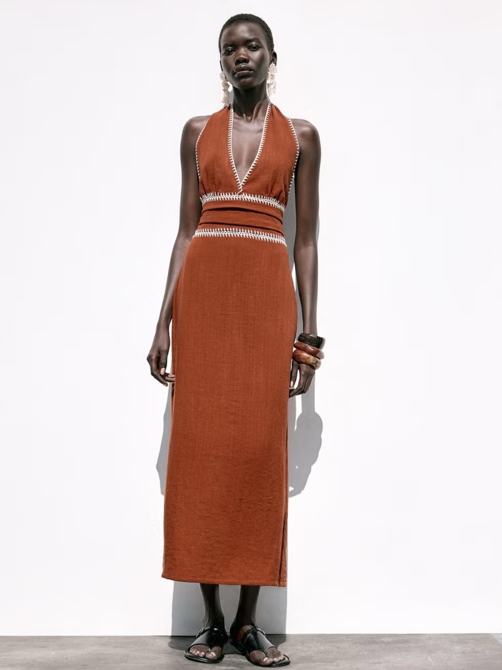 Zara Rust Halter Maxi Dress with Contrast Trim